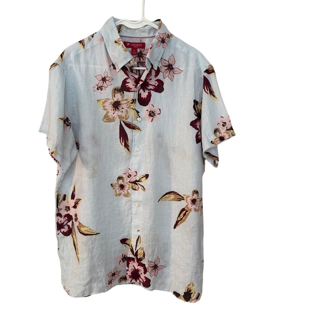 Cremieux Button Down Shirt Hawaiian Men's XL Slim Fit 100% Linen Blue Red Floral
